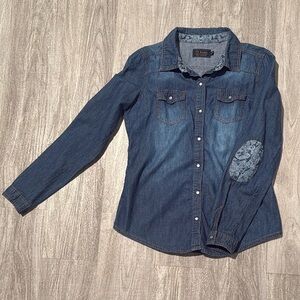 Ci Sono Denim Long Sleeve Shirt with Patterned Elbow Patch